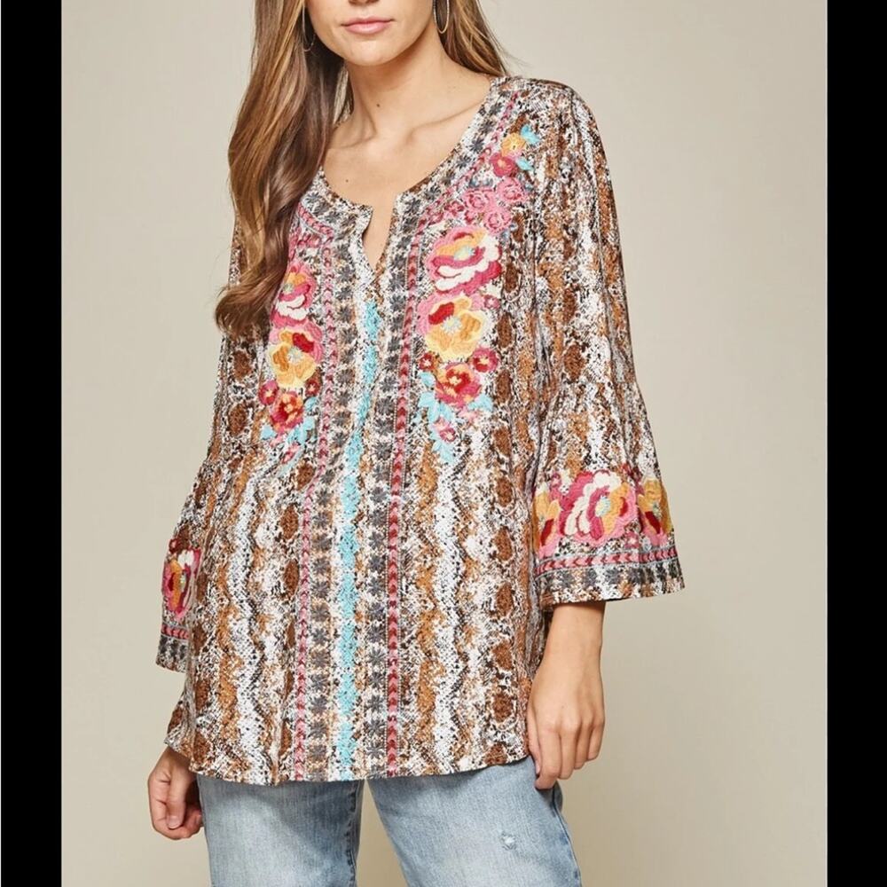 Savannah Jane Snakeprint Floral Multicolor Embroidered Top S Boho Festival Artsy